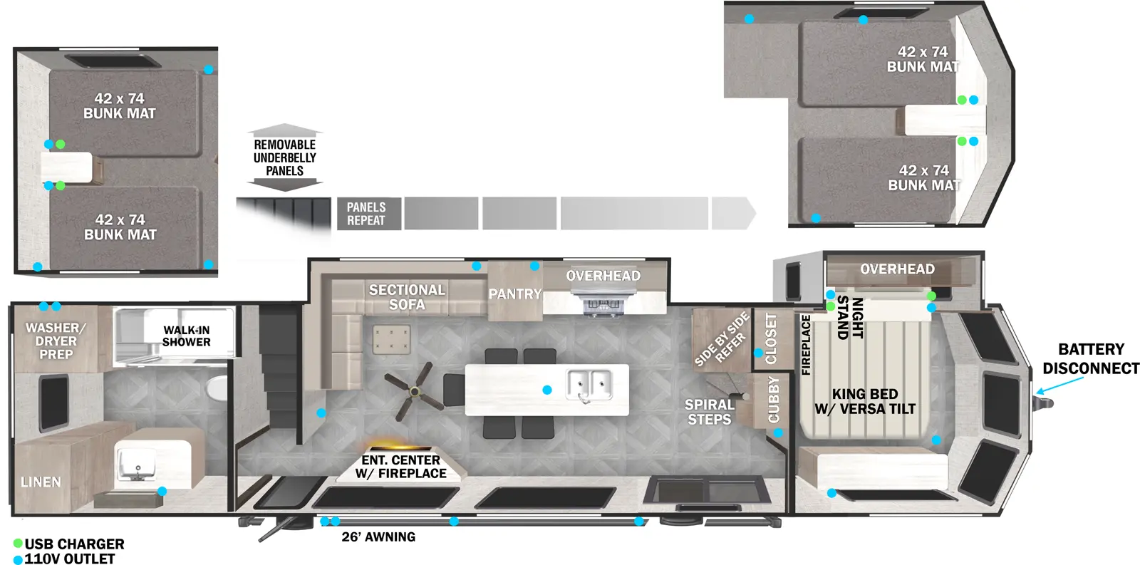 The Salem Villa 42VIEW floorplan has two slideouts and two entries. Exterior features removable underbelly panels, 26 foot awning, and battery disconnect. Interior layout front to back: bedroom with off-door side king bed with versa-tilt slideout with overhead cabinet, closet, fireplace, and door side dresser; side by side refrigerator, cubby, and spiral staircase to loft area above bedroom with two bunk mats along inner wall; sliding patio door entry; off-door side slideout with overhead cabinets, pantry, and sectional sofa that wraps to inner wall; kitchen island with sink, and barstools, and paddle fan; door side entertainment center with fireplace across from sofa; second entry door with stairs to second loft area with two bunk mats above rear bathroom; rear bathroom with walk-in shower, closet with washer/dryer prep, and linen closet.